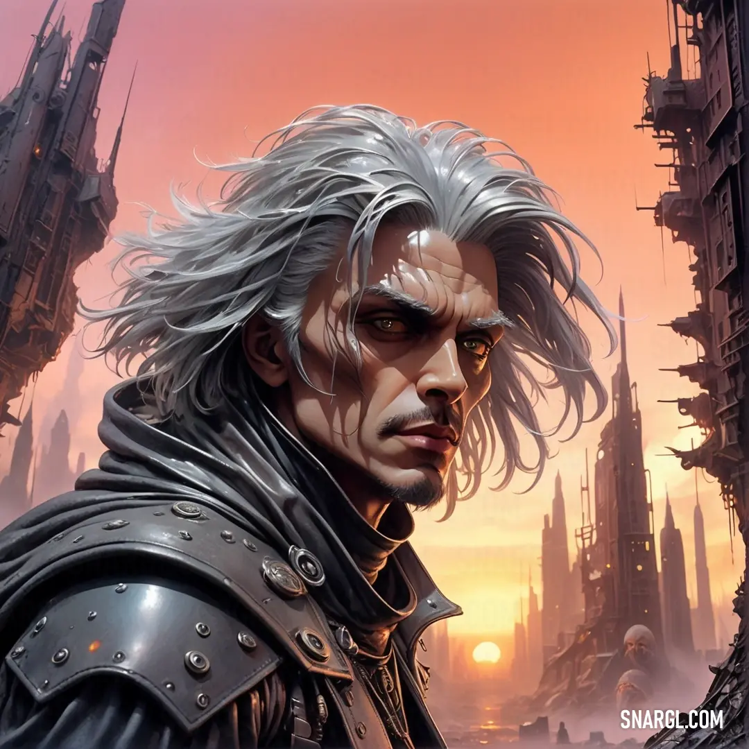 PANTONE 439 color. Man with a white hair and a black jacket in a futuristic city setting with a red sun in the background