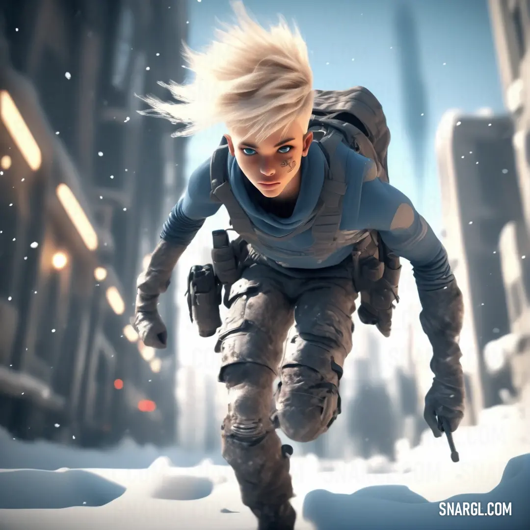 Woman in a futuristic suit running through the snow in a city with buildings and buildings in the background. Example of RGB 71,64,65 color.