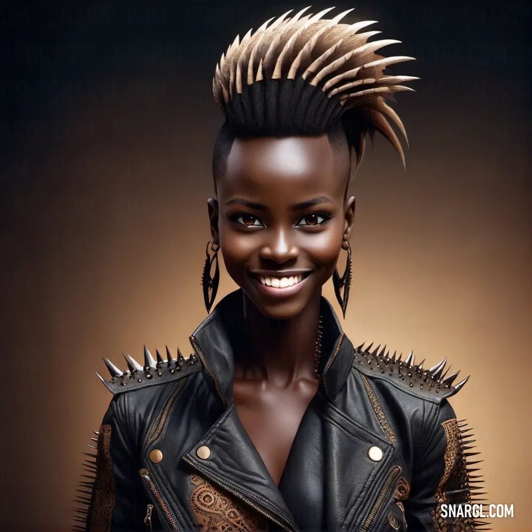 Woman with spiked hair and a leather jacket smiling at the camera with a smile on her face and a black background