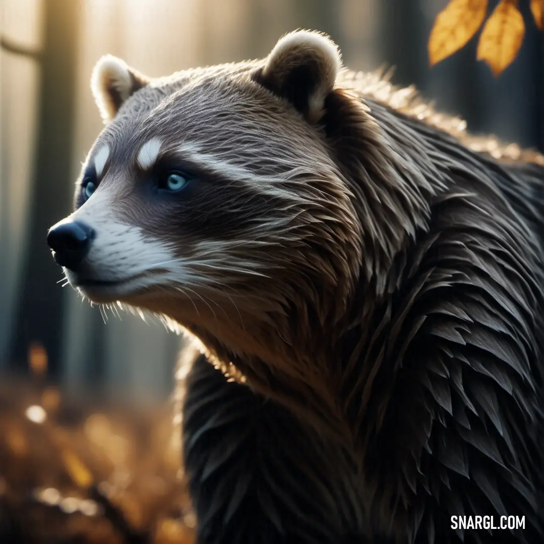 Close up of a raccoon in a forest with leaves on the ground and a light shining on it. Color #3D3836.