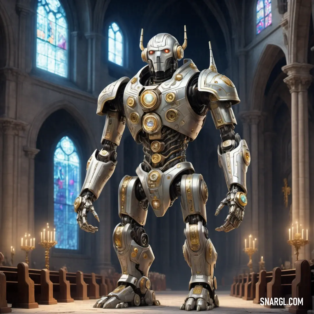Robot standing in a church with a large window behind it and a candle in the background. Color CMYK 25,7,19,20.