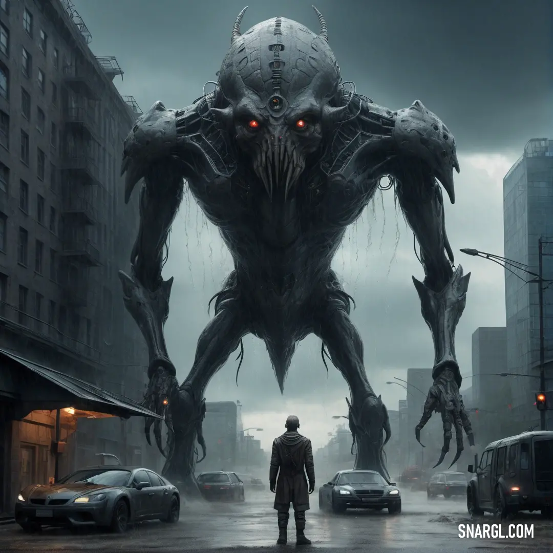 Man standing in front of a giant monster in a city street with cars and buildings in the background. Color #98A3A5.