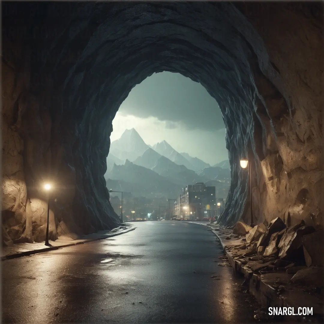Tunnel with a street light in it and mountains in the background. Color PANTONE 443.