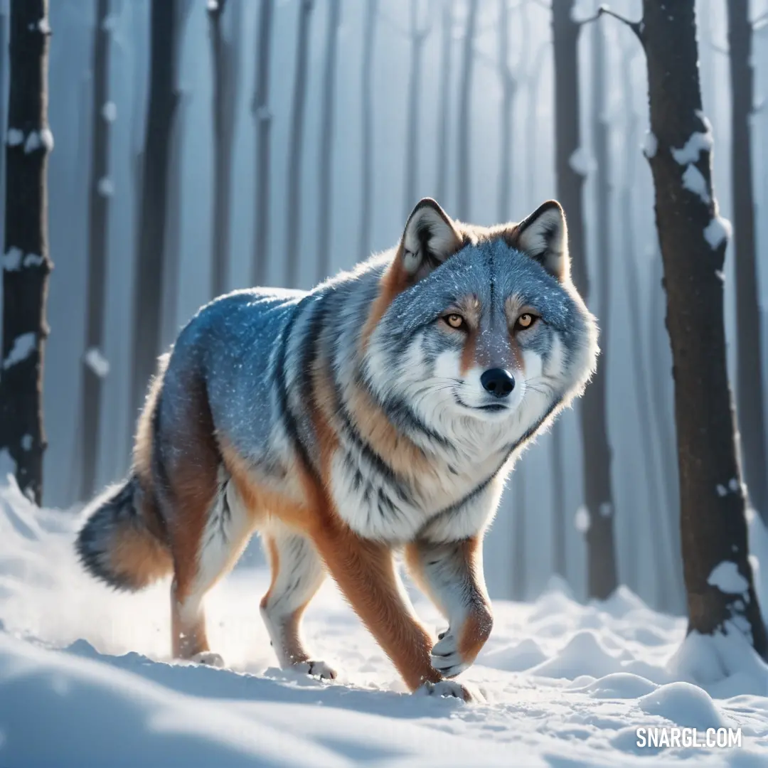 Wolf walking through a snowy forest with trees in the background. Color PANTONE 443.