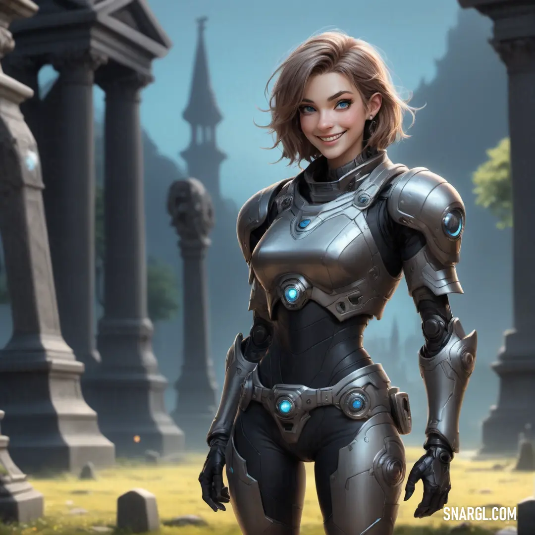 Woman in a futuristic suit standing in a graveyard with a sword in her hand and a helmet on. Color RGB 152,163,165.