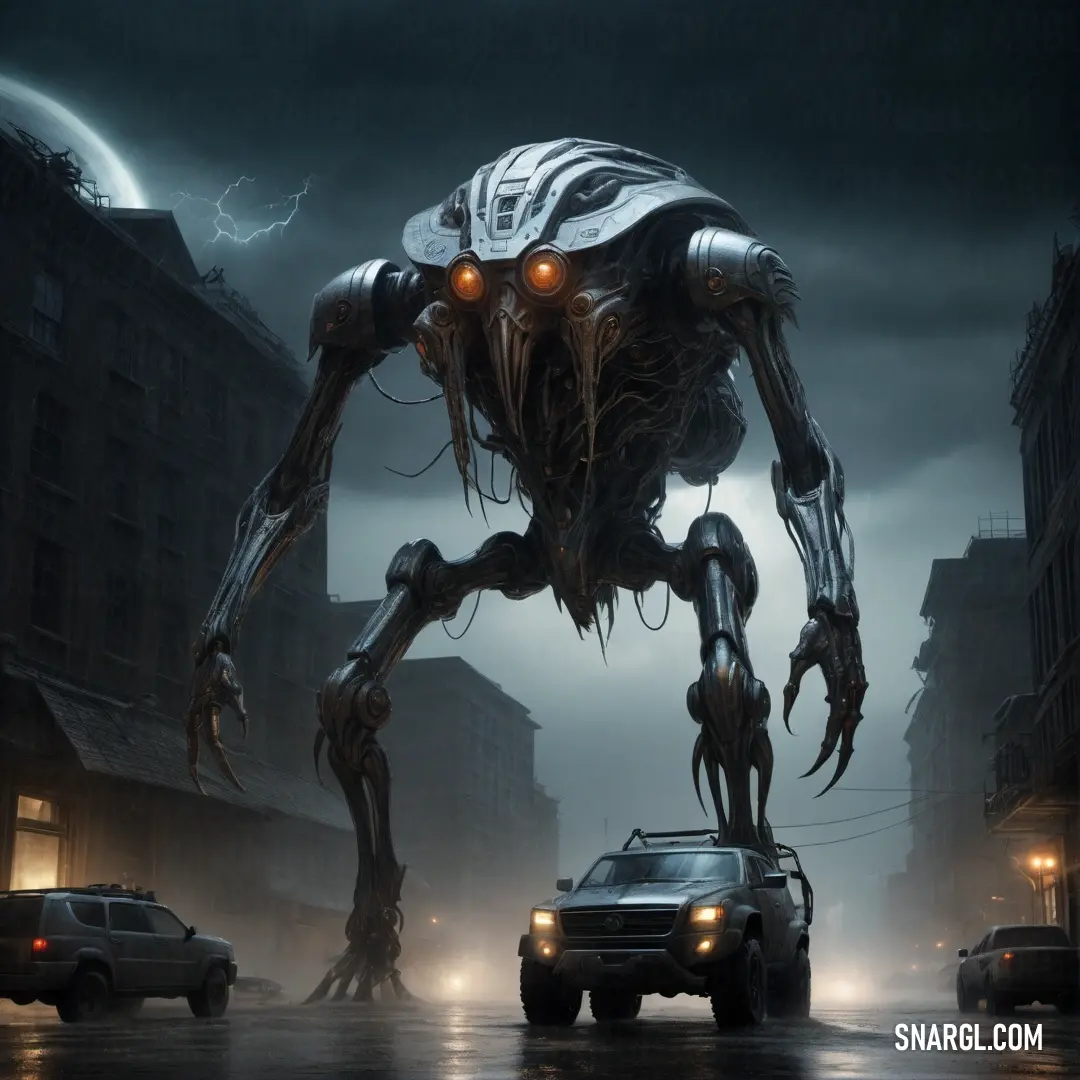 Giant monster like creature is on a city street with cars in the rain and lightning in the sky. Color #768687.