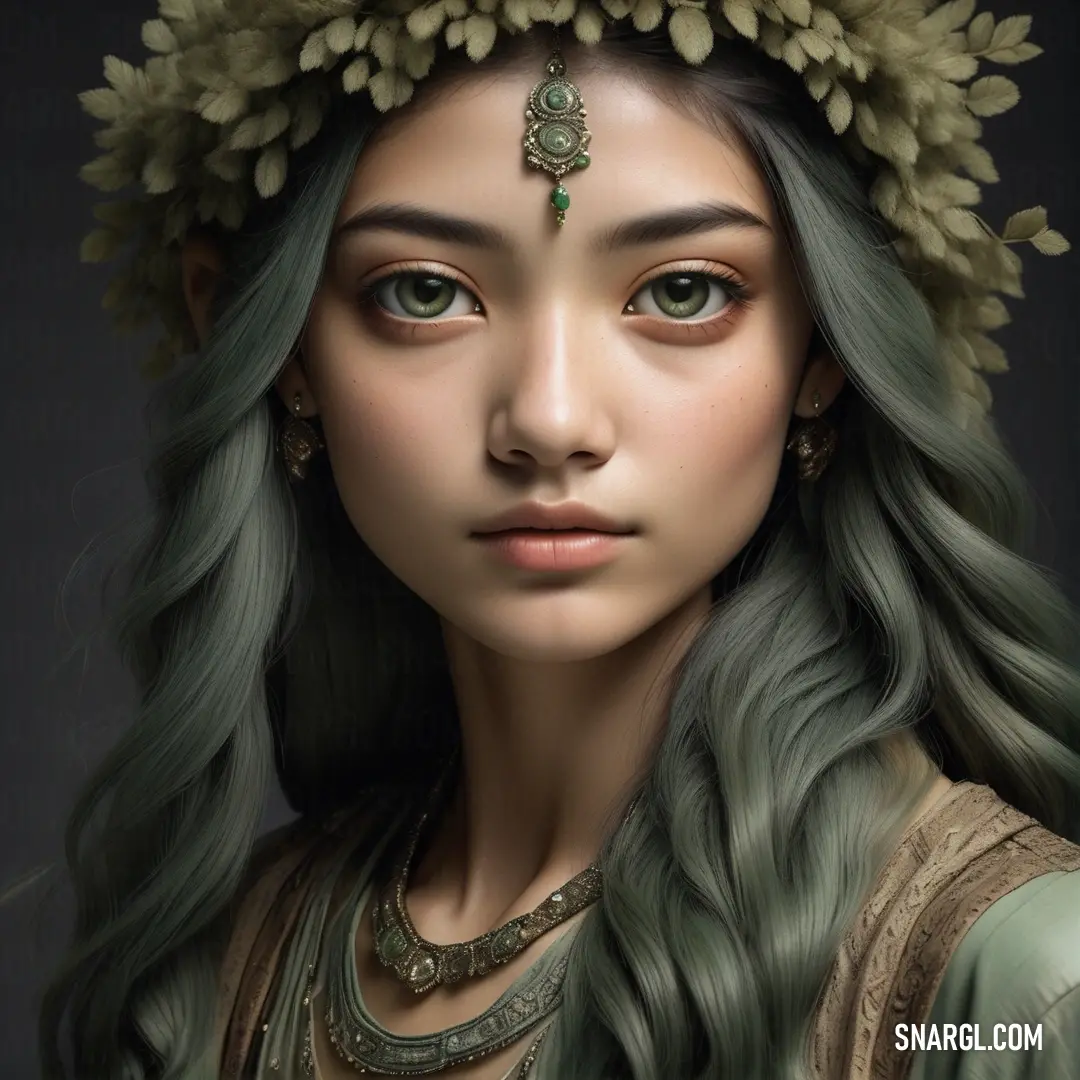 Woman with long hair wearing a wreath of flowers on her head and a green dress. Example of PANTONE 446 color.