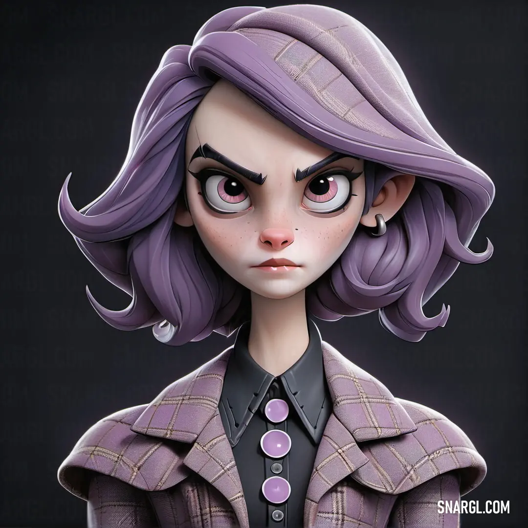 Cartoon character with purple hair and a purple jacket on. Example of CMYK 50,30,40,90 color.