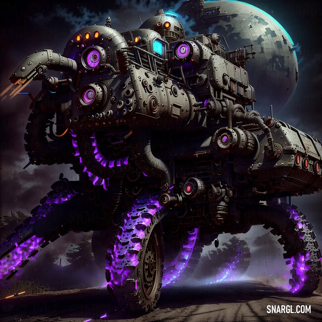 Futuristic vehicle with purple lights on it's wheels and wheels. Example of RGB 68,70,66 color.
