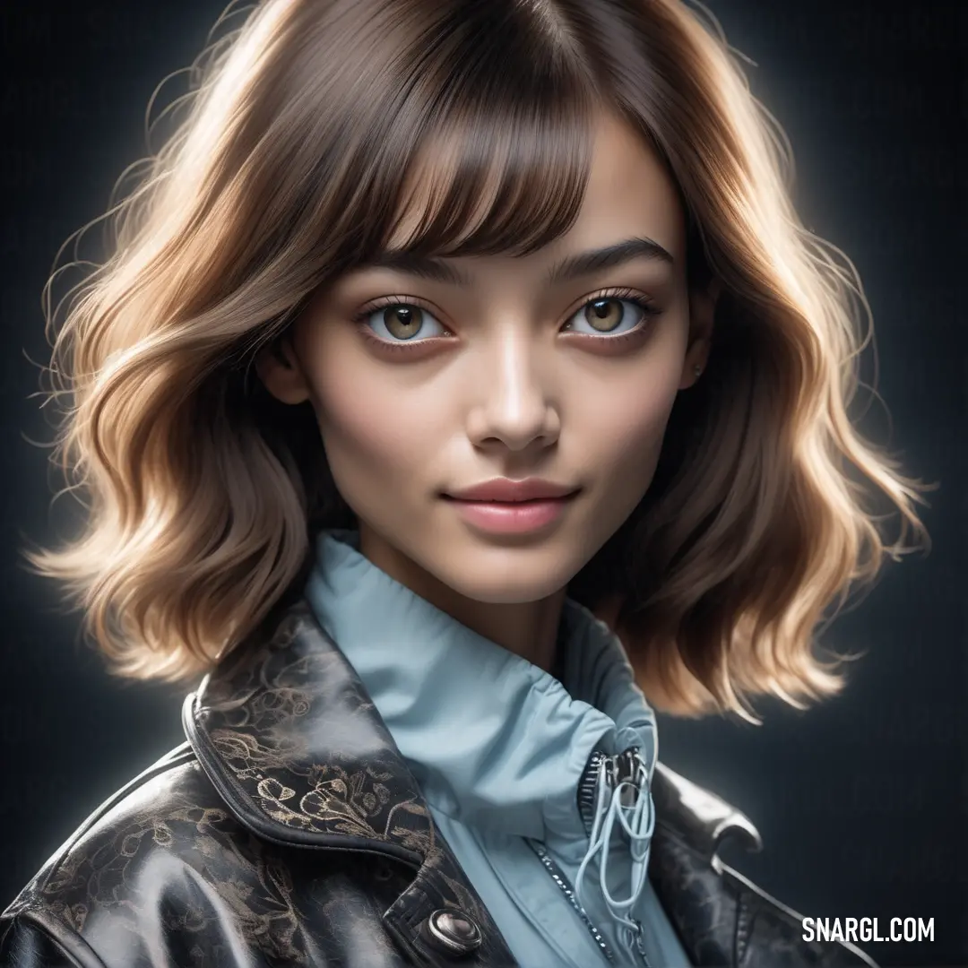 Woman with a leather jacket and a blue shirt is shown in this digital painting style photo of a woman with a leather jacket