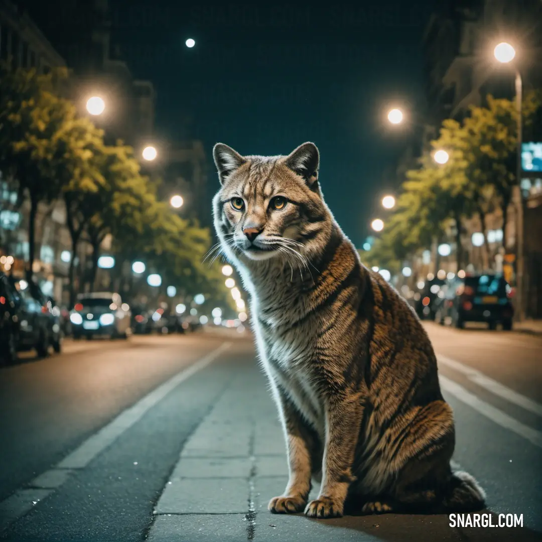 Cat on the side of a road at night time with lights on the buildings in the background. Color RGB 100,84,38.