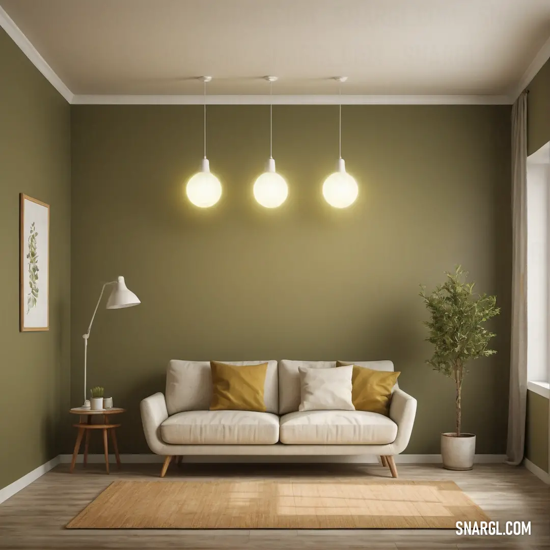 PANTONE 4485 color example: Living room with a couch and a rug on the floor and three lights hanging above it and a potted plant
