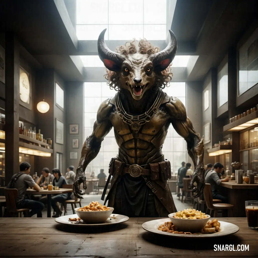 Statue of a horned bull standing in a restaurant with food on a table and people at tables. Example of #594D30 color.