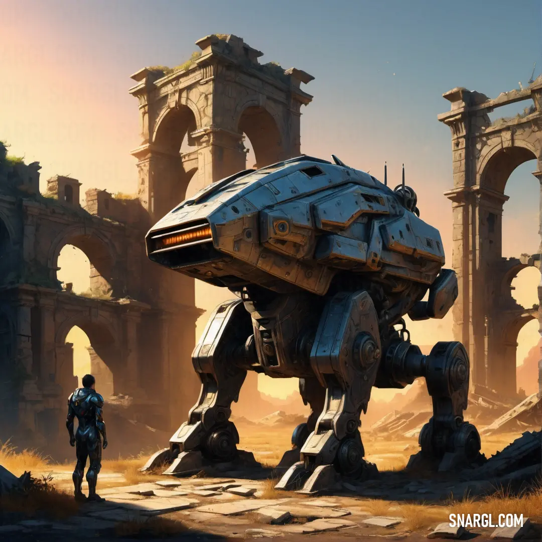 Sci - fi robot standing in front of a ruined city with ruins and arches in the background. Color PANTONE 449.