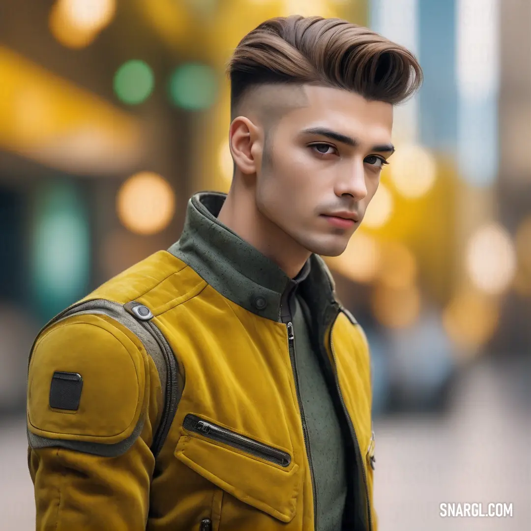 PANTONE 4495 color example: Man with a mohawk and a yellow jacket on a city street at night with lights in the background