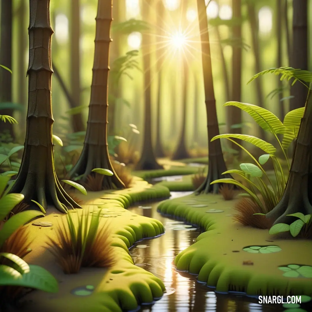 Painting of a swampy area with sun shining through the trees and grass in the water and plants growing on the ground