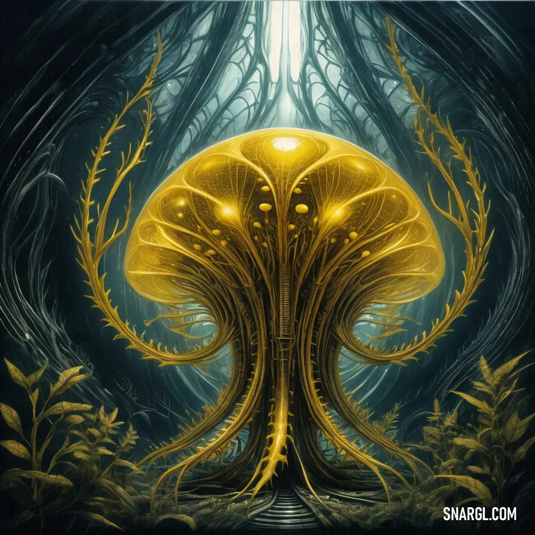 Painting of a tree with a yellow light in the middle of it's trunk and leaves surrounding it. Example of RGB 138,116,46 color.