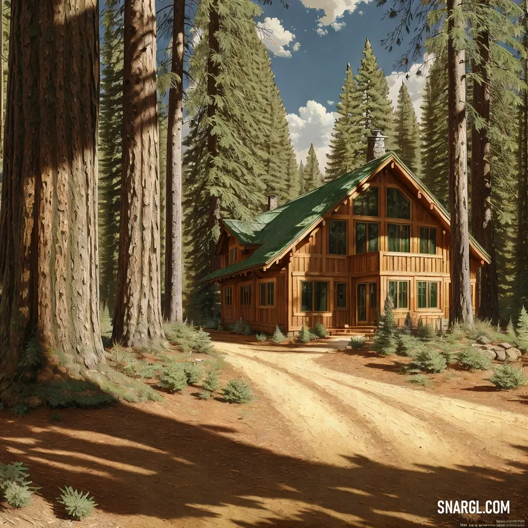 PANTONE 450 color. Painting of a cabin in the woods with a dirt road leading to it and trees surrounding it