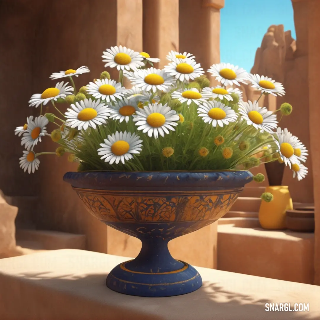 Vase filled with lots of white flowers on top of a table next to a building and a yellow vase. Color #5C4E28.
