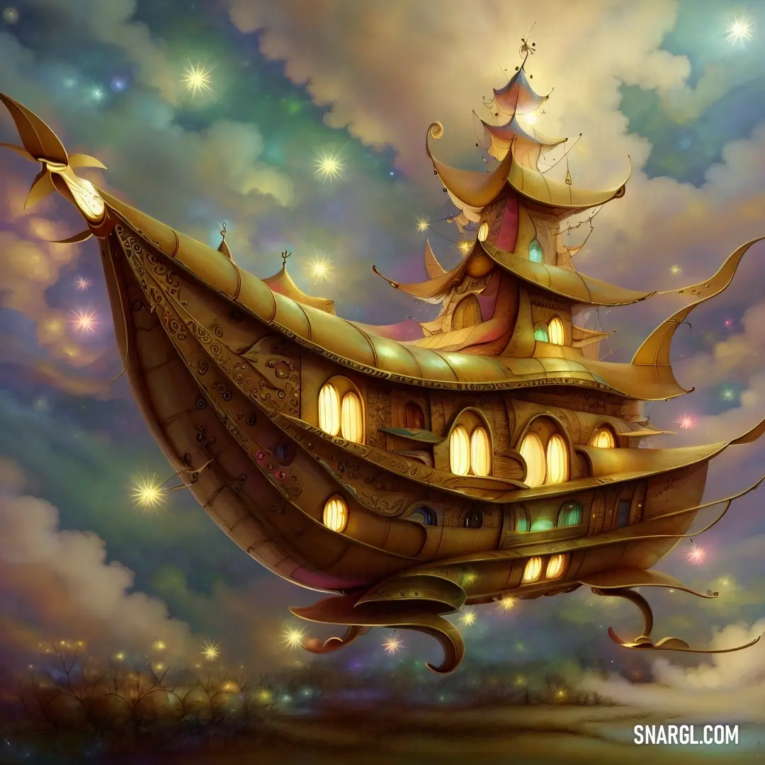 Painting of a boat with a tower on top of it in the sky with stars and clouds around it. Example of RGB 165,157,109 color.