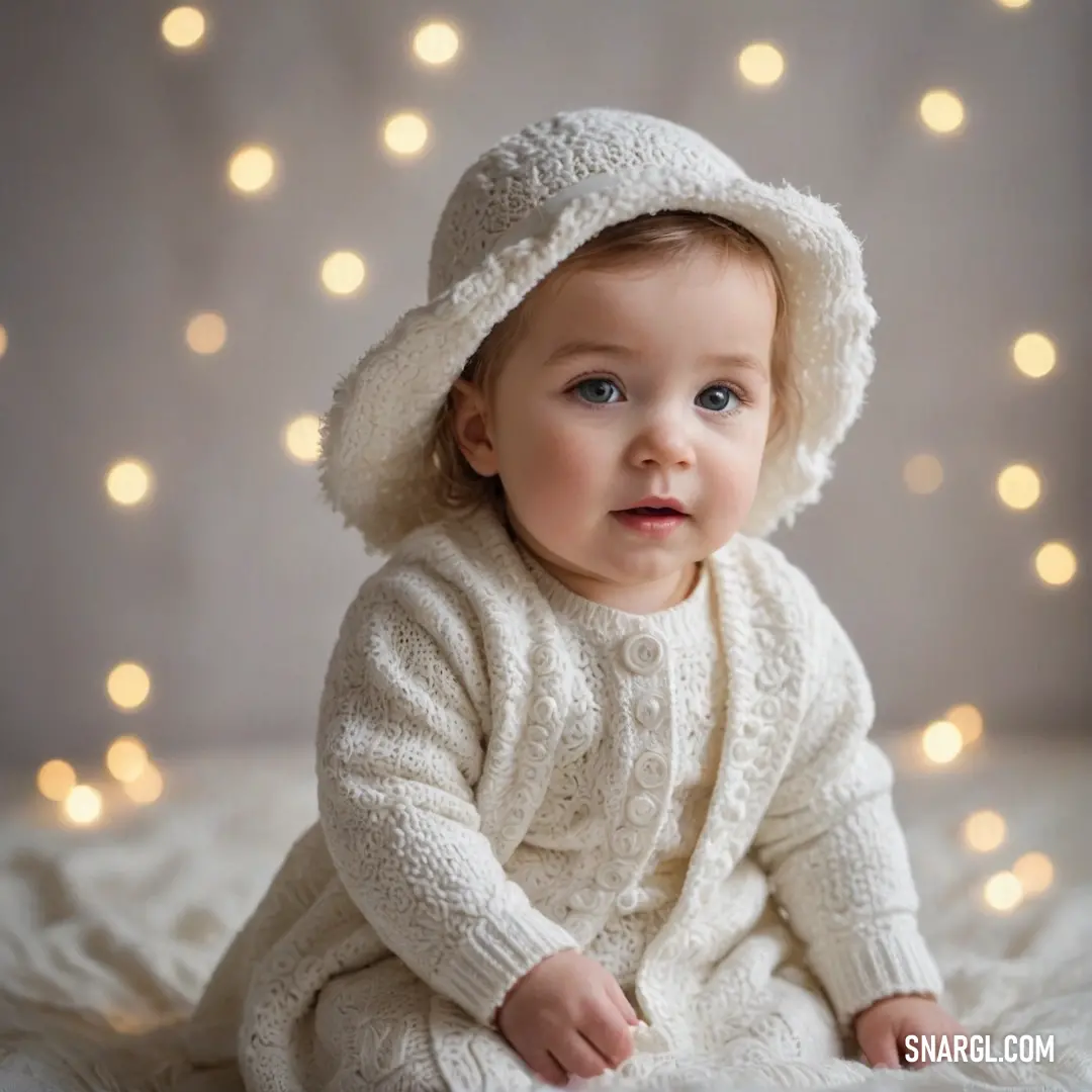 A sweet baby dressed in a cozy white knitted outfit and bonnet sits contentedly on a soft blanket, illuminated by a gentle light from a captivating backdrop, embodying innocence and joy.