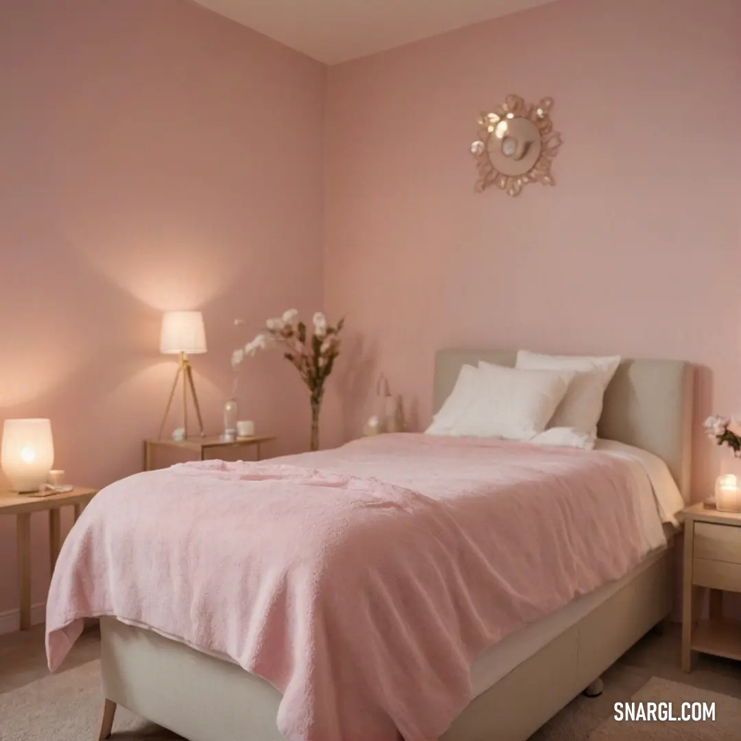 A cozy bedroom adorned with soft pink walls, featuring a snug bed dressed in a pastel pink blanket and pillows, accompanied by a stylish nightstand topped with a warm lamp, perfect for moments of relaxation.