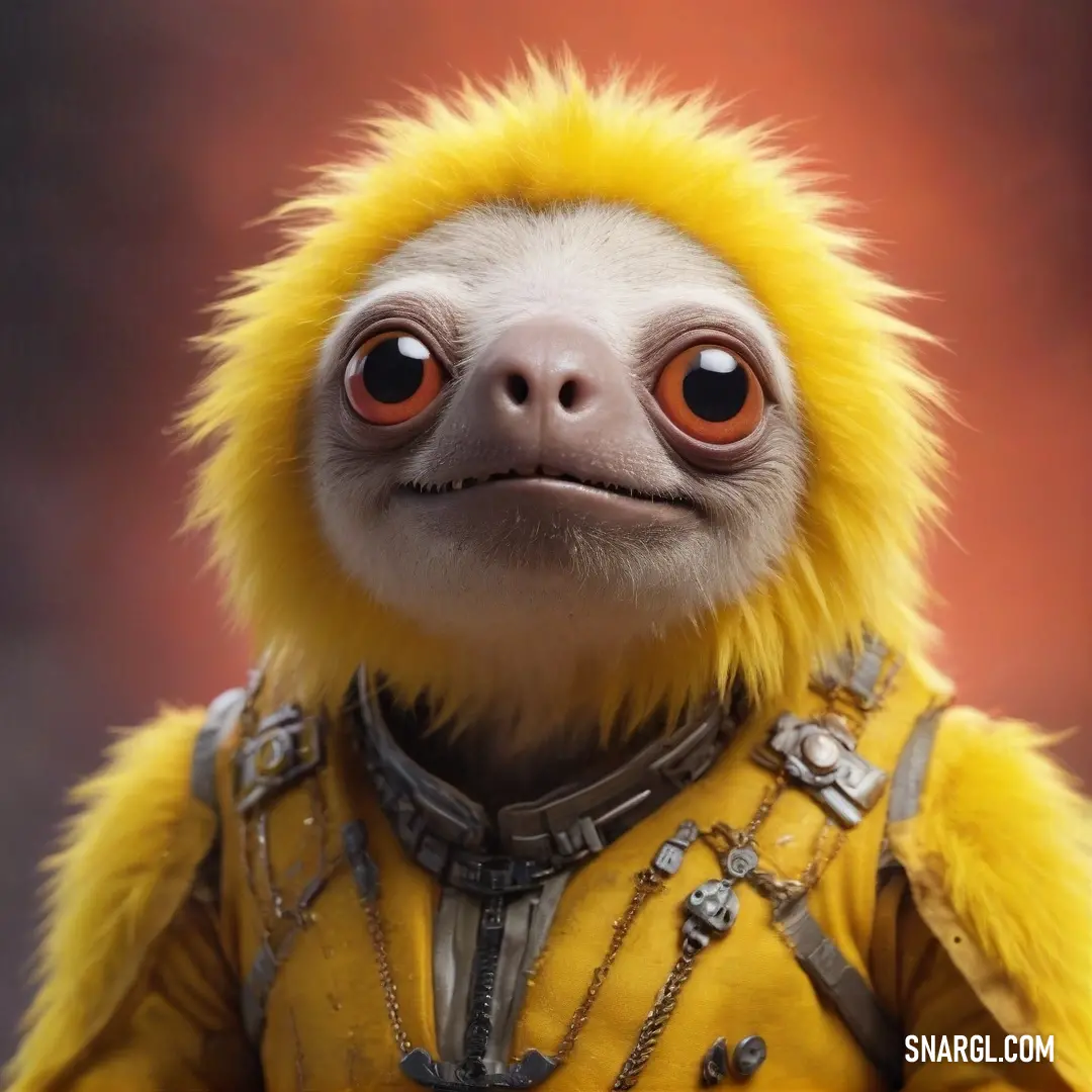 A close-up portrayal of a stuffed animal showcasing its adorable features, dressed in a bright yellow outfit adorned with a striking chain, amidst a cozy backdrop that accentuates its charm.