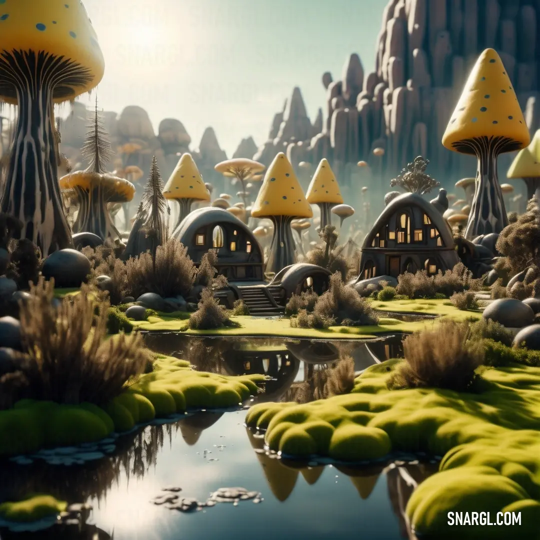 Futuristic landscape with a pond and trees and grass in the foreground and a lot of mushrooms and plants in the background