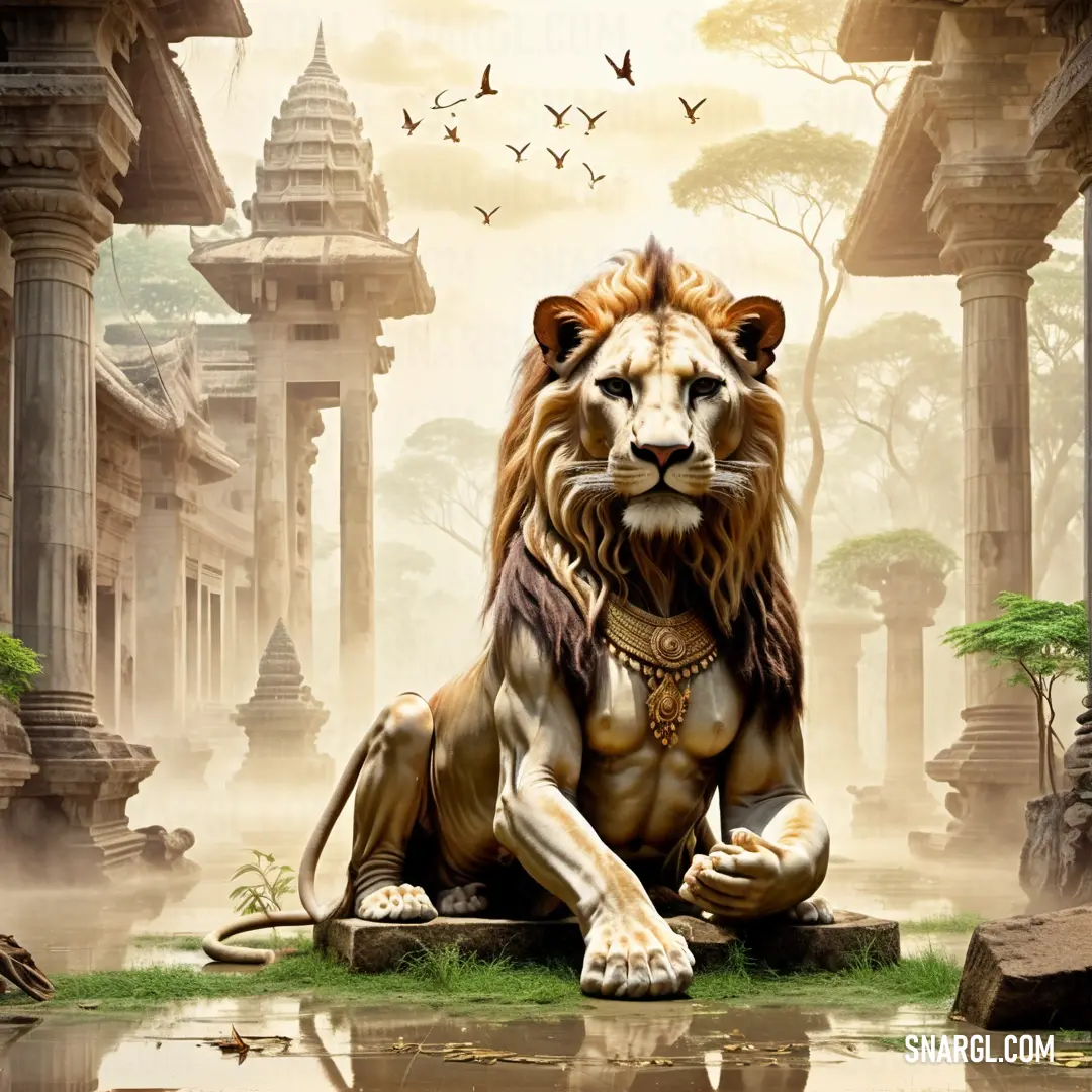 PANTONE 4515 color example: Lion on a rock in a jungle setting with birds flying overhead and a pond in the foreground