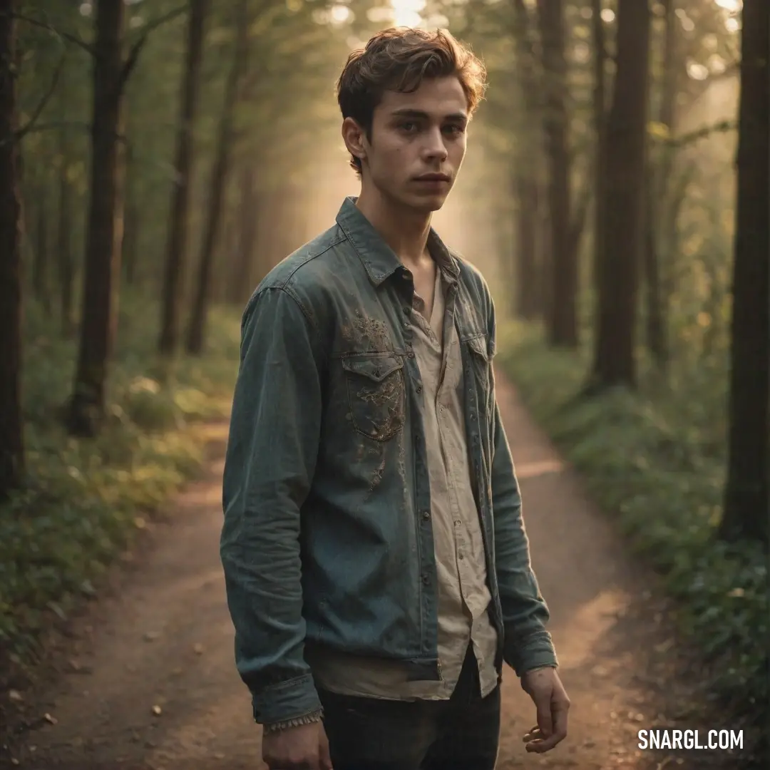 A captivating portrait of a man standing amidst a serene forest, with sunlight streaming through the towering trees, illuminating the winding trail that beckons adventurers into the enchanting woods beyond.