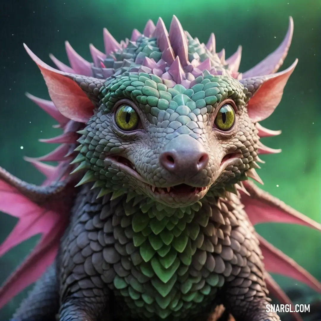 A gorgeous close-up of a dragon, perfectly captured against a rich green background, bringing out its vibrant details and majestic aura inspired by PANTONE 4515 color harmony.