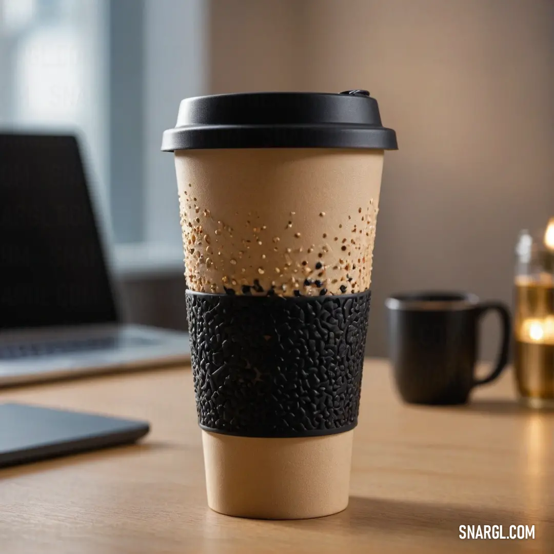 A cozy coffee cup featuring a black lid and sleeve rests invitingly on a table beside a laptop and a softly flickering candle, creating a warm atmosphere perfect for productivity and relaxation.