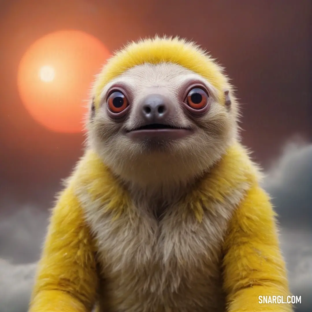 A charming stuffed animal featuring a fluffy yellow coat, sitting against a soft, cloudy backdrop, radiating warmth and friendliness that invites everyone closer.