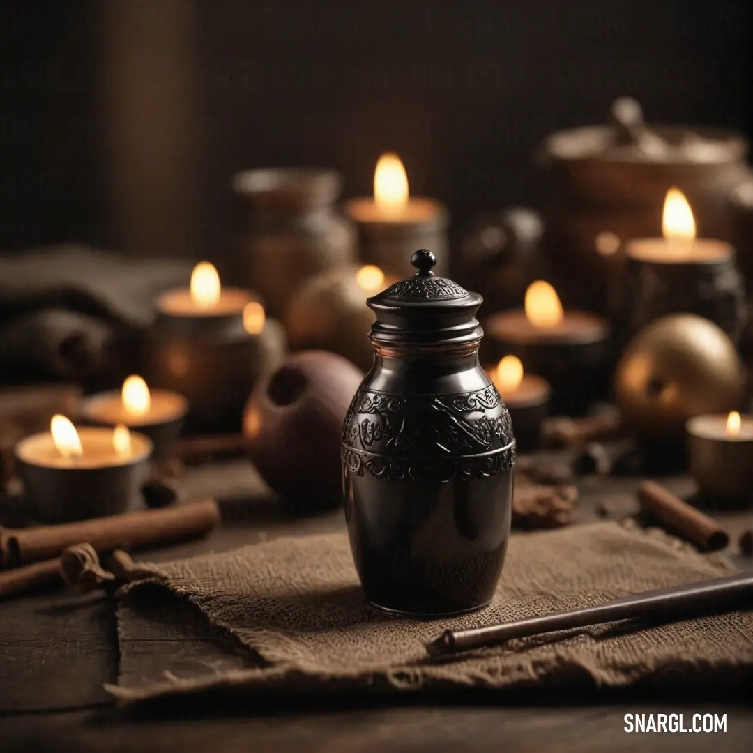 A beautifully arranged table adorned with numerous lit candles and a jar filled with aromatic cinnamon sticks evokes a warm and inviting ambiance, perfect for cozy gatherings or quiet reflection.