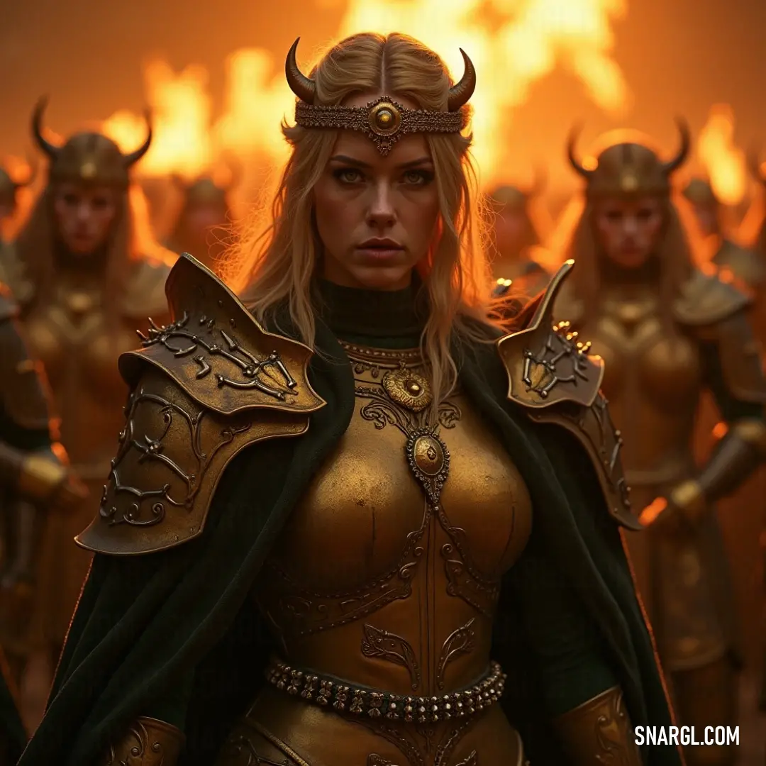 A woman dressed in a shimmering golden outfit, adorned with elegant horns on her head, stands out against a soft background. The color in the scene echoes the rich hues of PANTONE 4515, creating a regal atmosphere.