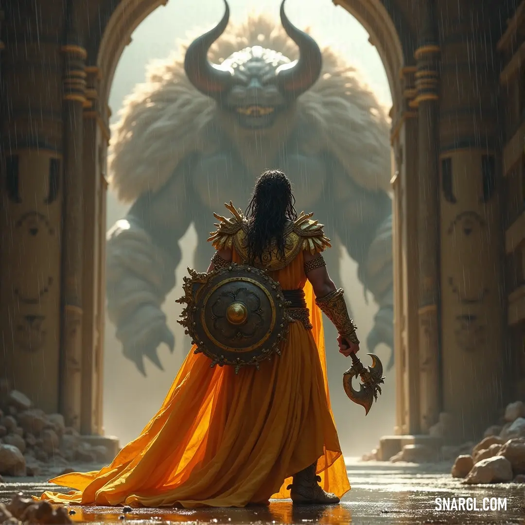 A striking woman adorned in a vibrant yellow dress stands majestically at a doorway, clutching a shield emblazoned with a menacing demon, symbolizing courageous strength and mystique.