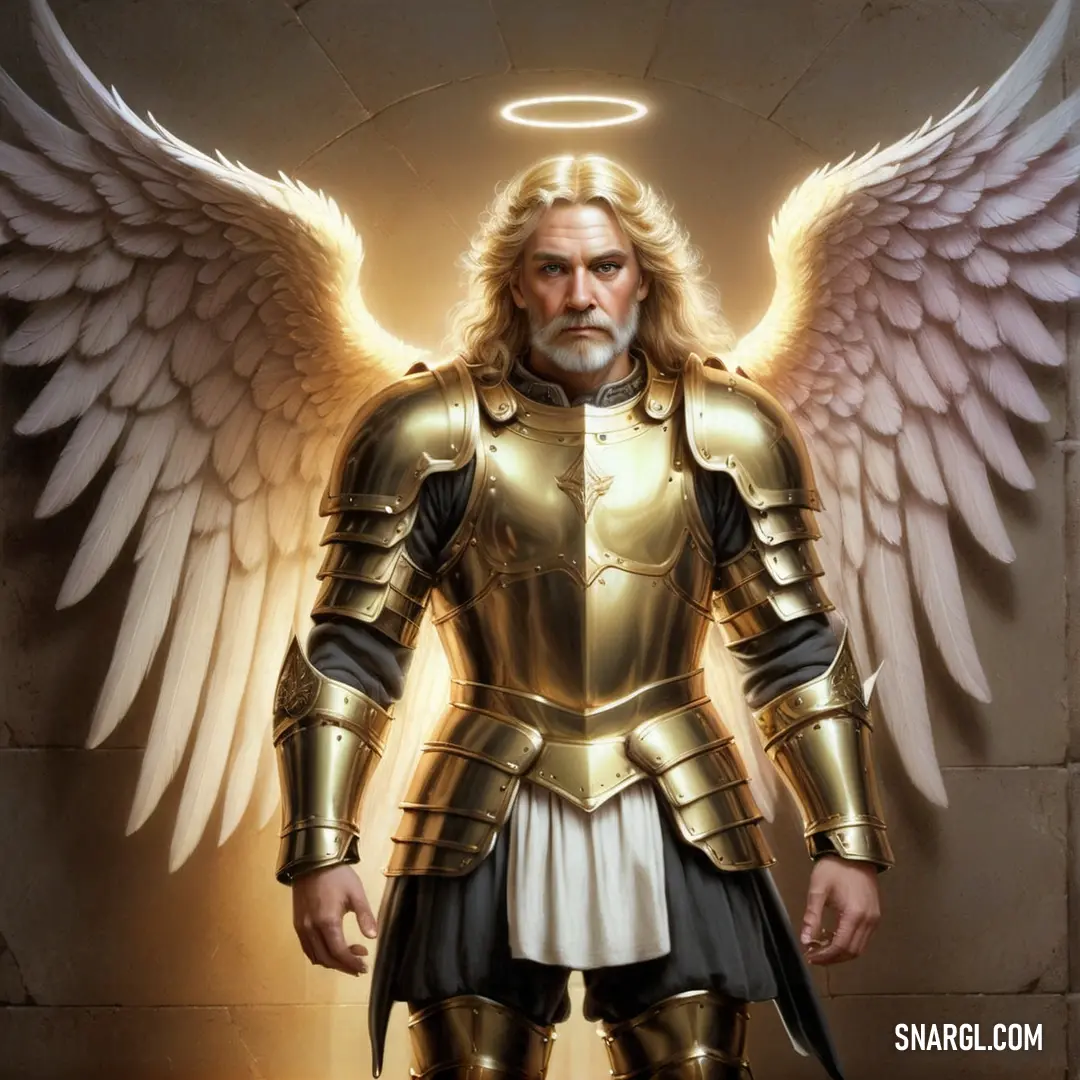 PANTONE 452 color example: Man in a golden armor with angel wings on his shoulders and a halo above his head