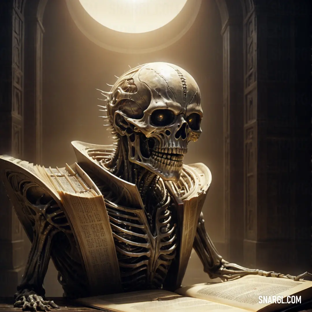 Skeleton reading a book in a dark room with a light coming from the window and a round window. Color RGB 179,171,127.