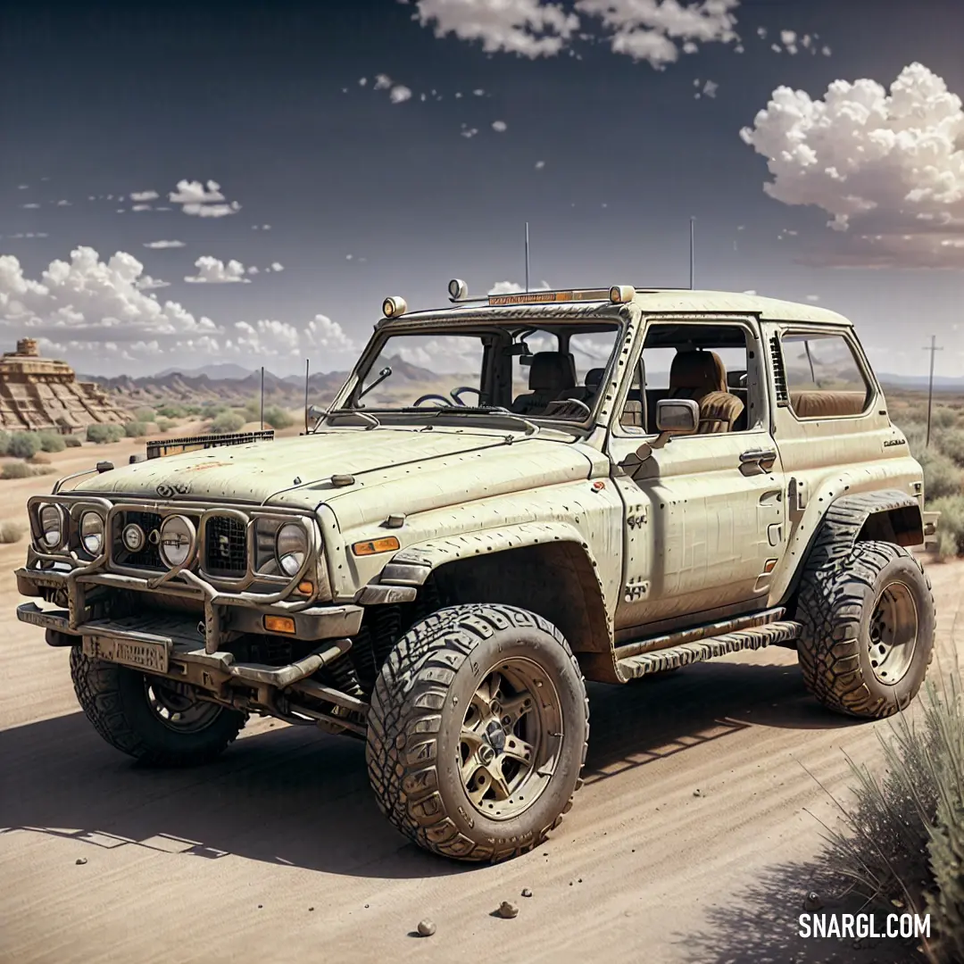 White truck driving down a dirt road in the desert with a sky background. Color RGB 211,199,157.