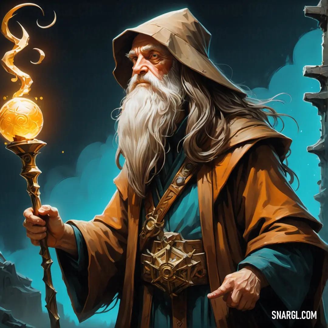 Wizard holding a staff and a ball of fire in his hand, with a blue background. Example of #D3C79D color.