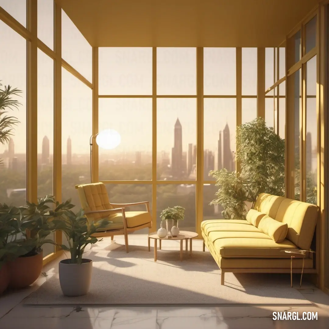 Living room with a couch and a chair and a table with a plant in it and a view of a city. Color PANTONE 456.