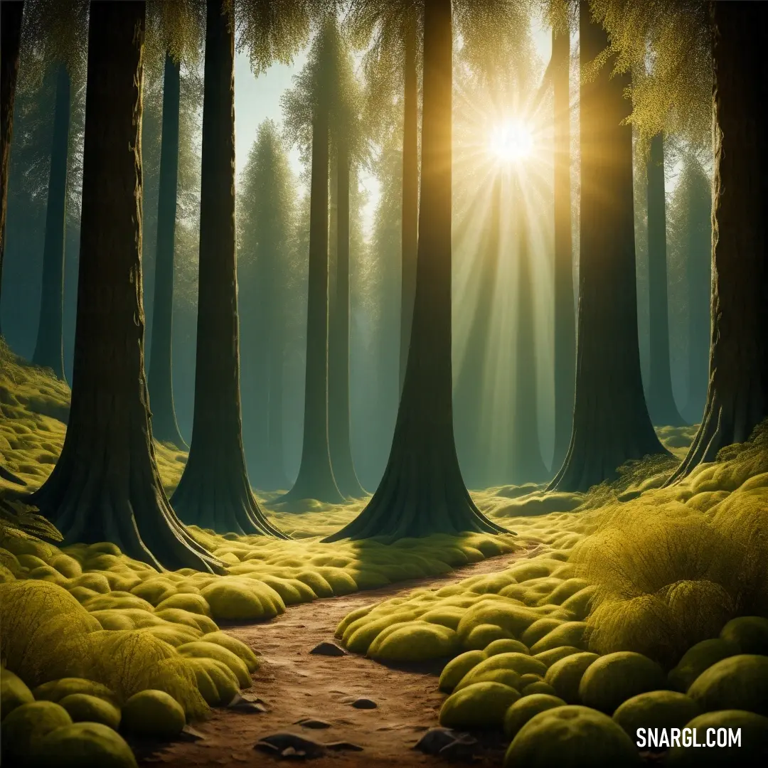 Painting of a path through a forest with sun shining through the trees and grass on the ground and on the ground