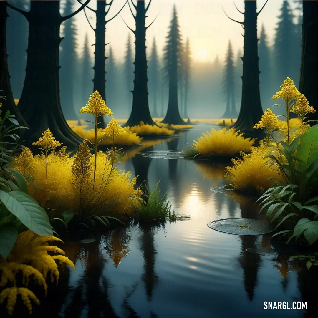 Painting of a swamp with yellow flowers and trees in the background. Color CMYK 10,23,100,43.