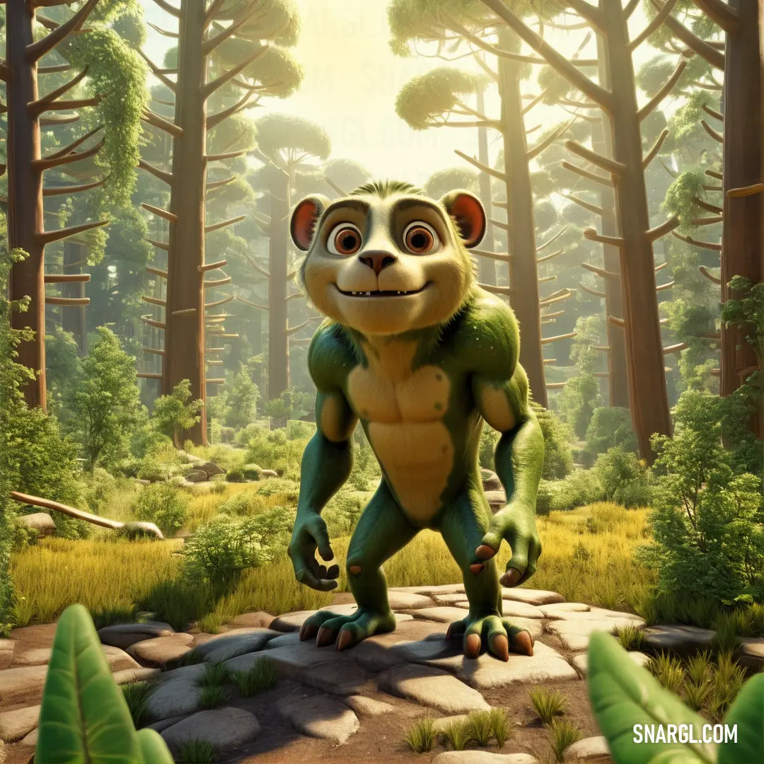 Cartoon character is standing in the middle of a forest with a large frog on his back and a large frog on his back