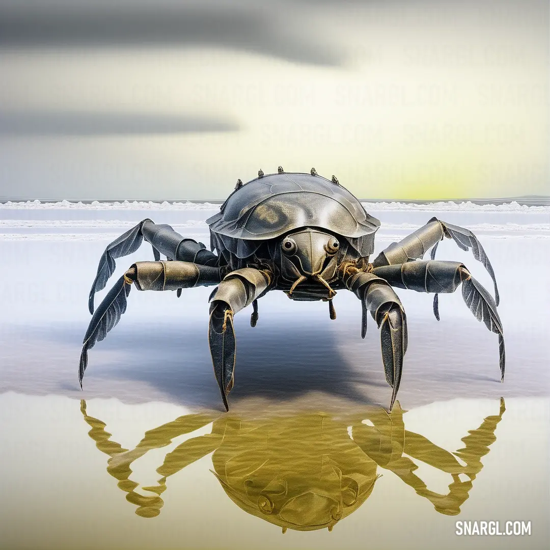 Crab with a large body of water in front of it's back legs and legs. Color PANTONE 457.