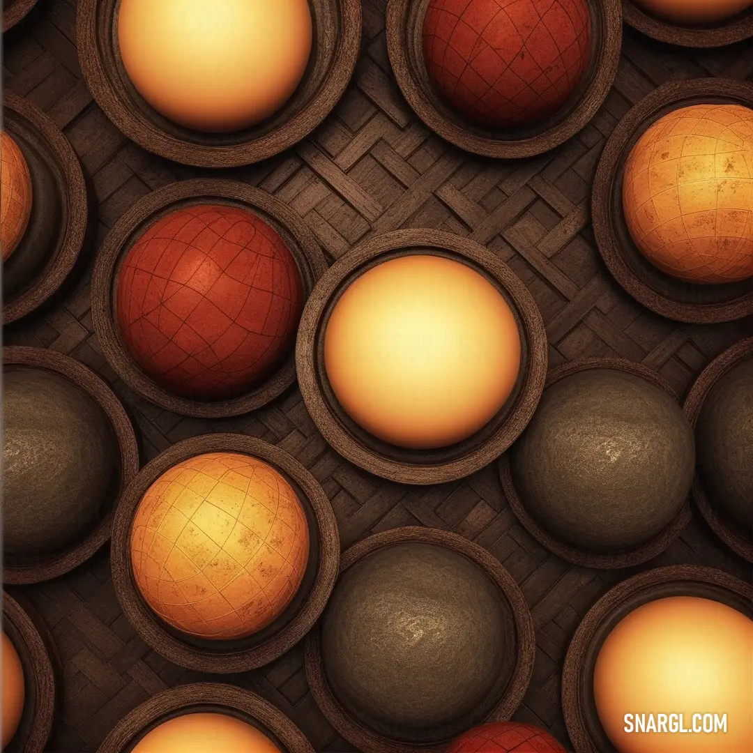 A collection of colorful balls arranged in a basket, set against a rich brown background. The gentle tones of #E0D160 color bring a sense of balance and harmony to the playful scene.