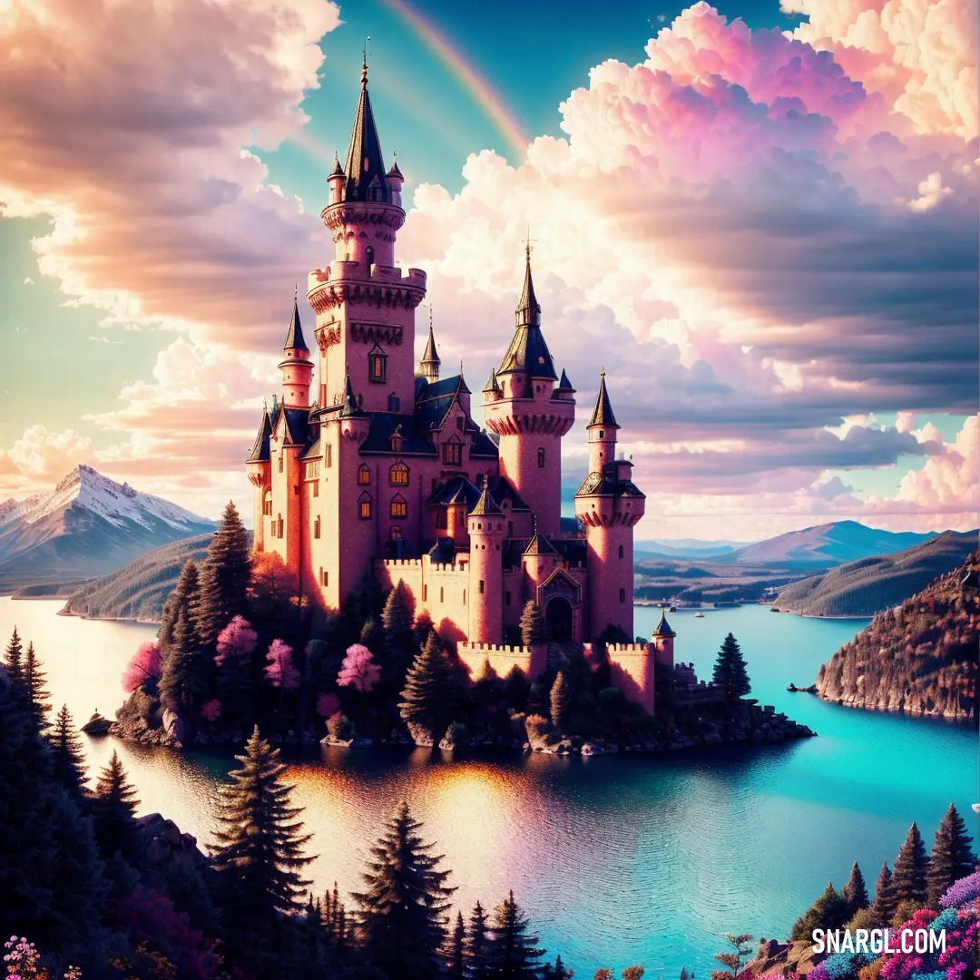 A magnificent castle sits beside a tranquil lake, with a rainbow stretching across the sky above it. The PANTONE 458 color enhances the magical atmosphere of the scene, filled with trees, flowers, and natural beauty.