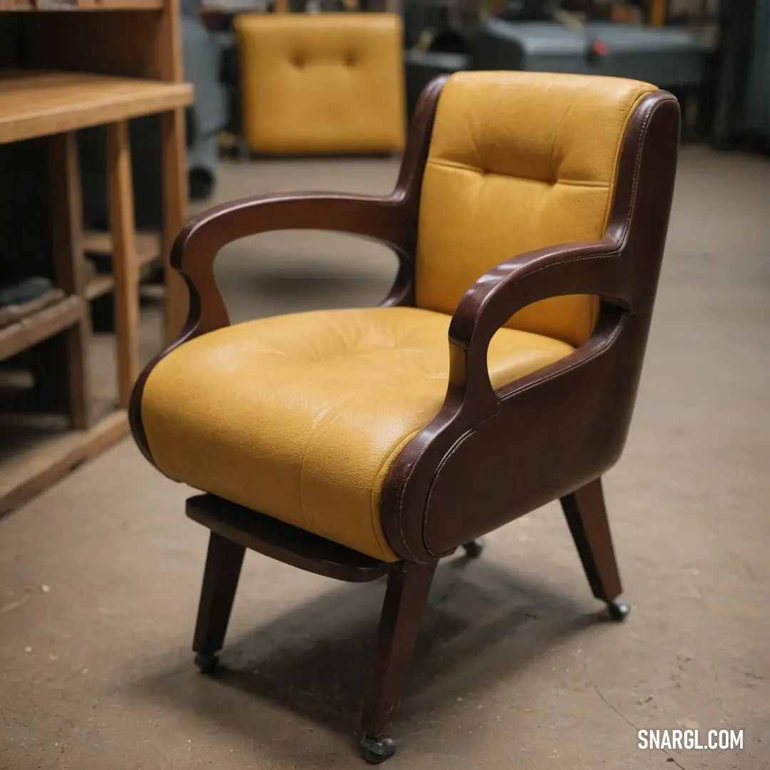 A stylish chair with a vibrant yellow seat catches the eye in a workshop adorned with shelves brimming with tools and equipment, combining functionality with a pop of color.