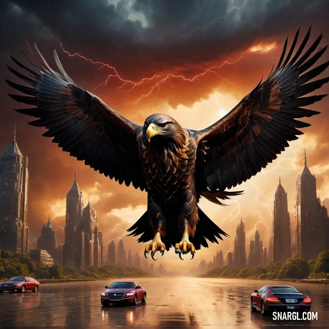 A majestic eagle soars over a bustling city, with the busy streets and cars below. The vibrant PANTONE 458 color captures the awe-inspiring flight of the bird against the backdrop of urban life.