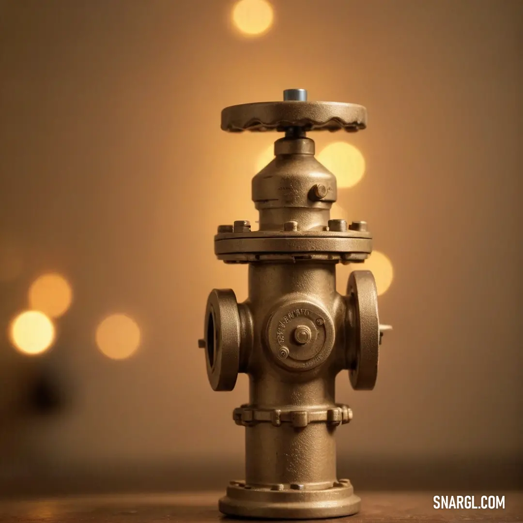 An up-close view of a chrome metal fire hydrant rests on a table, bathed in soft light that highlights its gleaming surface against a softly blurred background, drawing attention to its robust design.